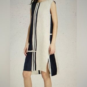 Theory, Black/Ecru Hans twill silk strip sheath dress, size medium.